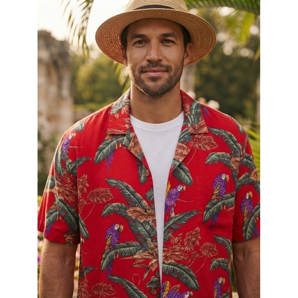 NWT Paradise Found Jungle Bird Red Hawaiian Shirt Magnum PI Tom Selleck Large